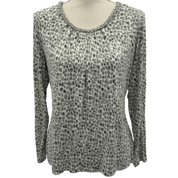 Charter Club Women's Blouse Petite Medium White Gray Abstract Print Boho Trendy - Picture 1 of 16